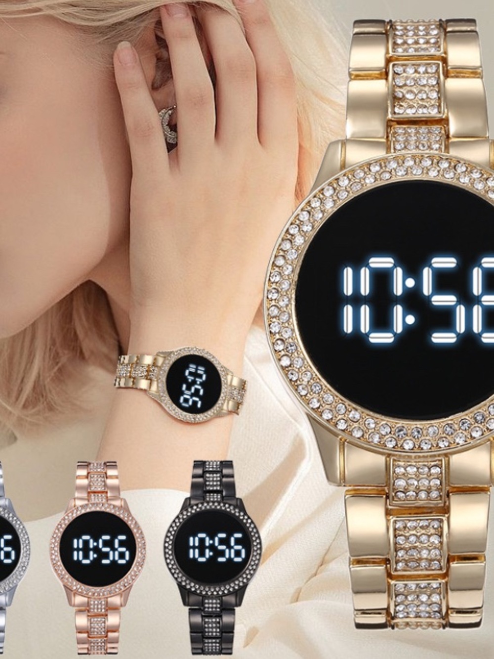 Unisex Women’s & Men Black Crystal Rhinestone Round LED Metal Strap Timer Watch - Picture 6 of 10